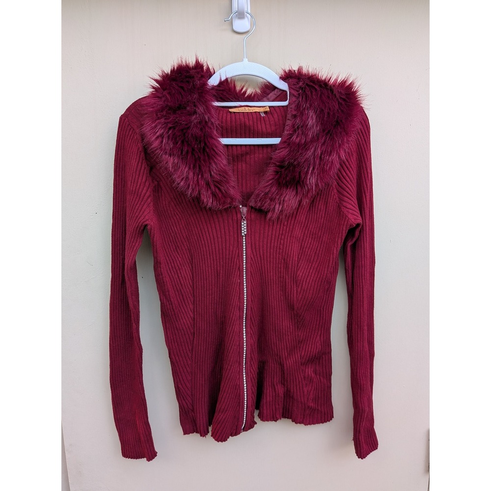Y2K Belldini Burgundy Ribbed Faux Fur Collar Rhinestone Zip Cardigan Sweater XL